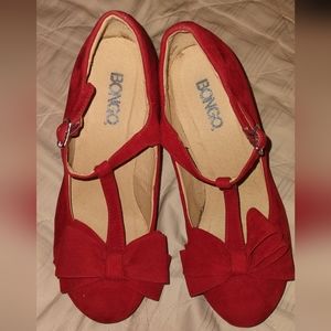Bongo red velvet t strap heels with bow